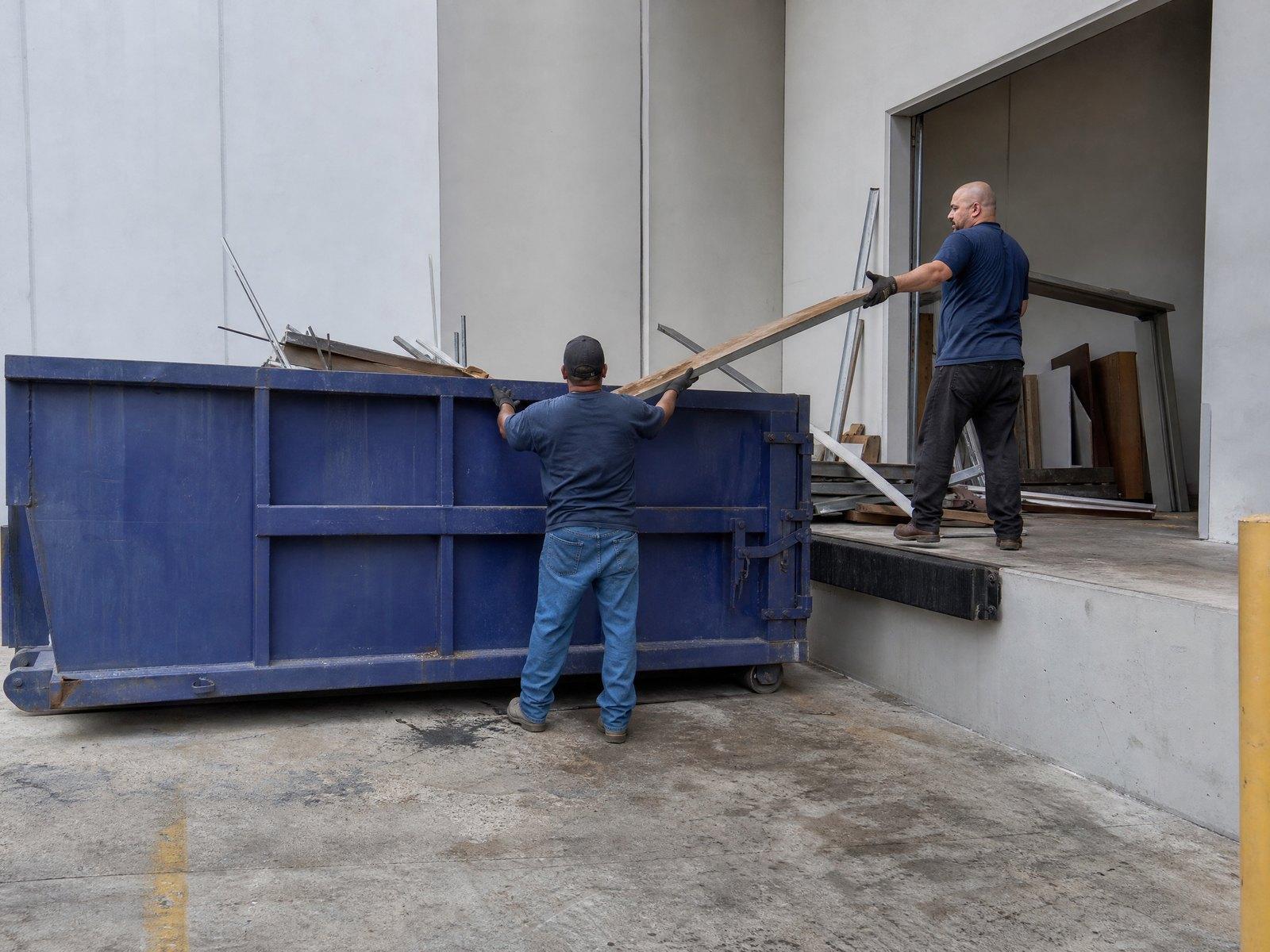 Roll-off bin of sorted debris at a loading dock
